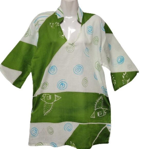 HANDPAINTED Batik Three Quarter Sleeve Mandarin Collar Tunic Top ONE SIZE- NWOT - Picture 1 of 16